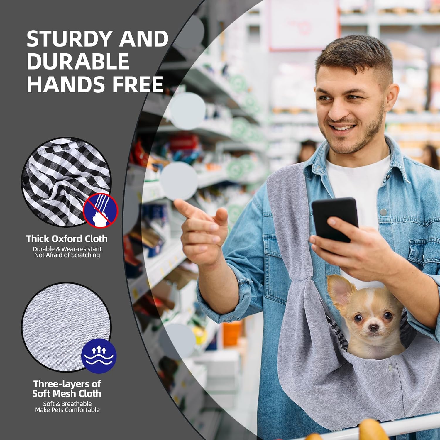 Hands-Free Pet Carrier for Small & Medium Dogs/Cats – Soft Cotton Sling with Padded Strap, Lightweight and Comfortable for Travel, Walking, and Shopping (Up to 15 lbs)