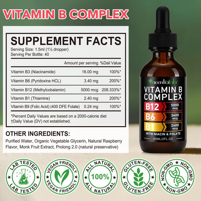 [Three-Bottle Pack] Vitamin B12 and B6 Drops, Sublingual Vitamin B12 Complex - Vitamin B12 5000mcg - Vitamin B12 Methylcobalamin, supports energy, brain, and heart health, raspberry flavor, suitable for both men and women, Made in the USA, 6 fl oz.