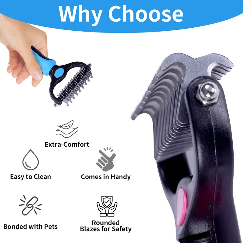 Double-Sided Pet Deshedding Brush - Hurtless Undercoat Rake Comb for Dogs, Cats, Reduces Shedding, Flying Hair