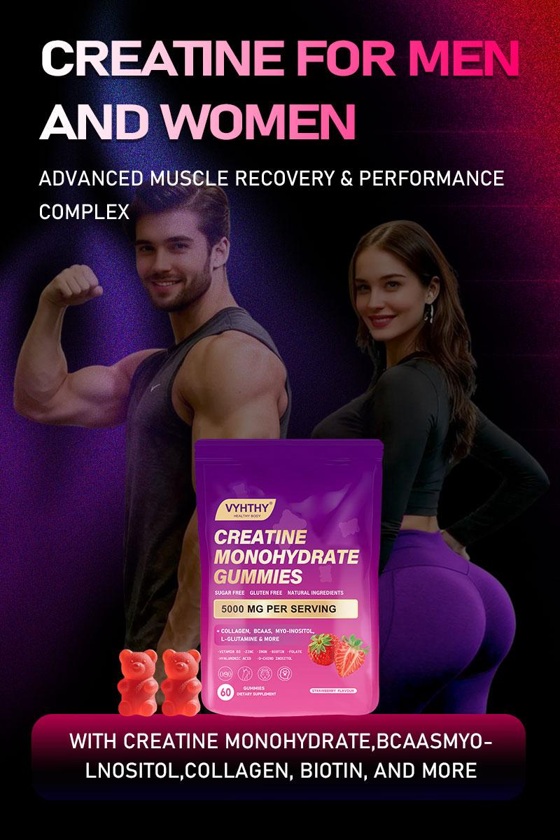 VYHTHY Creatine Monohydrate Gummies – With Collagen, BCAAs, L-Glutamine, Biotin, Zinc, Vitamin D3 & Hyaluronic Acid – Daily Pre & Post Workout Recovery, Sugar-Free
