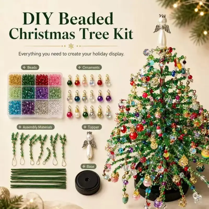DIY Beaded Christmas Tree Kit, Festive Craft Set with Colorful Beads, Ornament Charms, Metal Tree Frame & Angel Topper, Handmade Tabletop Decor with Warm Glow, Creative Holiday Gift