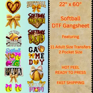 22" x 60" Softball DTF Transfer Gangsheet Hot Peel DTF Transfer