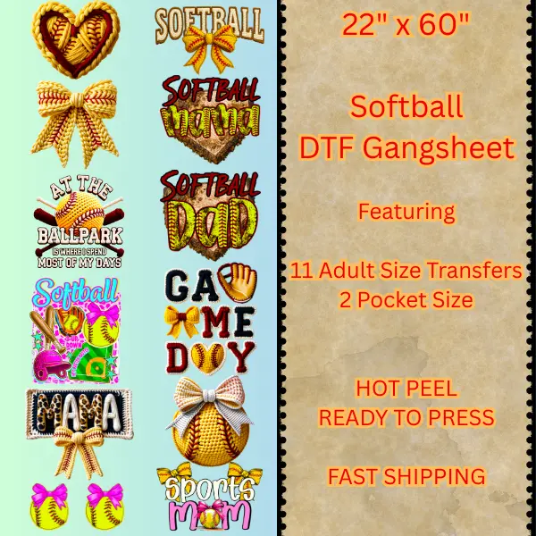 22" x 60" Softball Theme DTF Transfer Gangsheet - Convenient Hot Peel Ready-to-Press Specialty DIY Supply, Vibrant Design for Toys & Hobbies Projects, Ideal for Softball Fans
