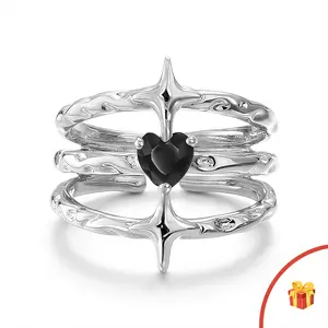 Dark Sweetheart Black Gem Ring, Adjustable Statement Ring for a Mysterious & Edgy Aesthetic, 3-Layer Star Accent, Gift for Valentine’s & Mother’s Day