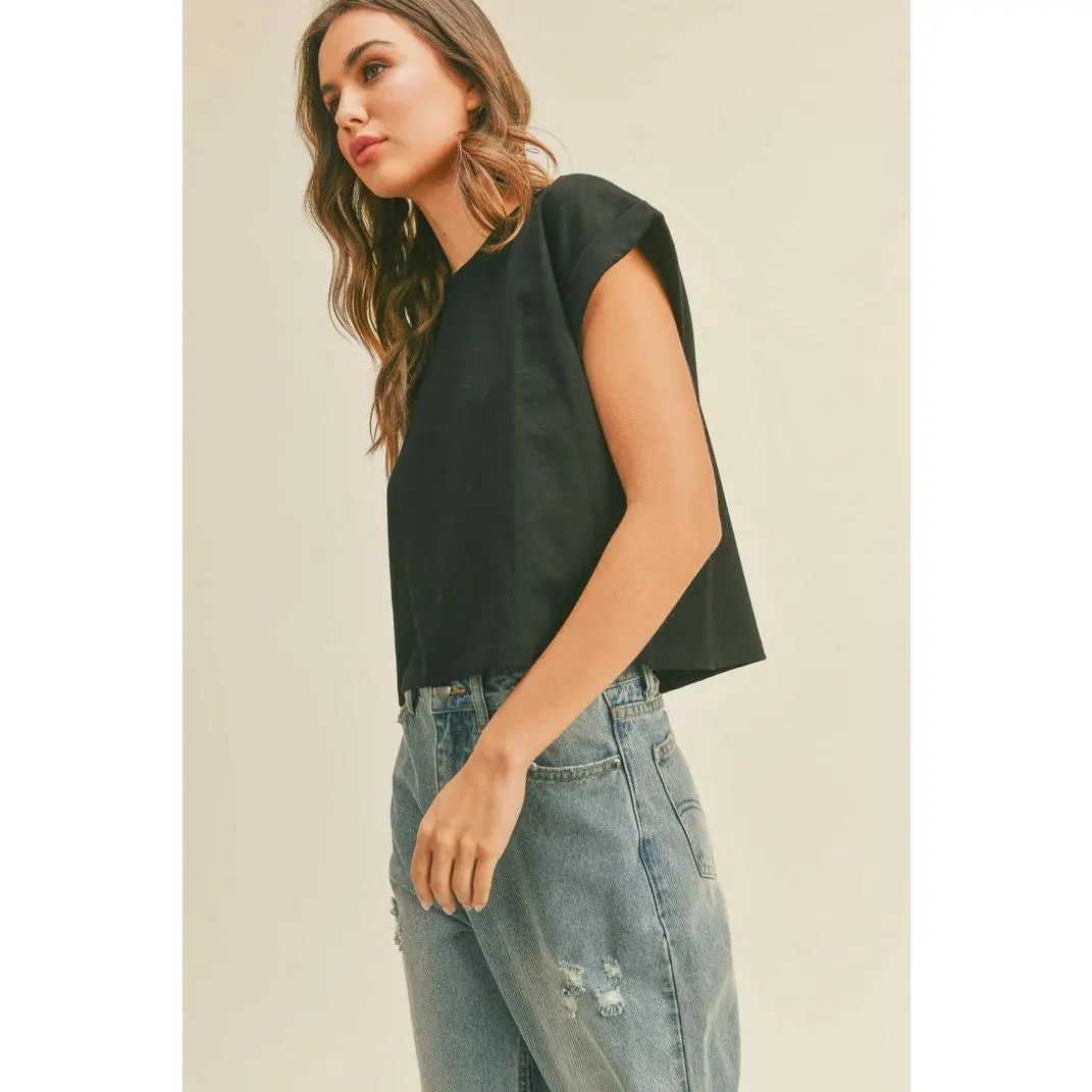 Round Neck Cuffed Sleeve Top