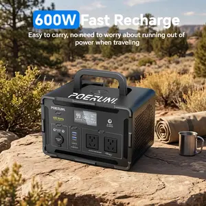 POERUNI. Portable Power Station 600W 599.4Wh Camping Lithium Battery, Portable Generator for Home Use Emergency Power Station Backup Travel Outdoor 100W PD & 120V Pure Sine Wave AC Outlet