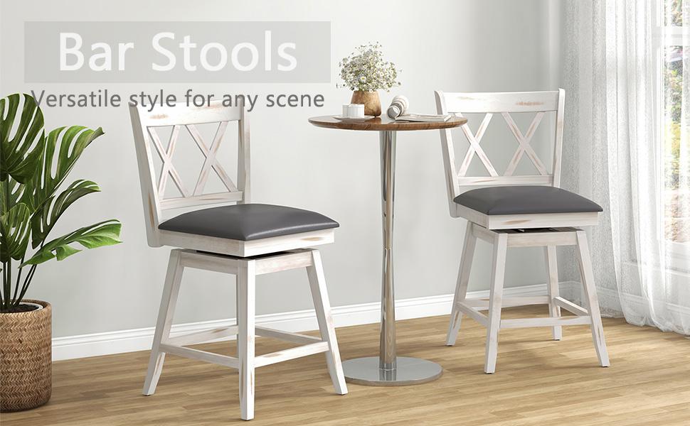 COSTWAY Wood Bar Stools Set of 2, 360° Swivel Barstools 25 Inch w/Backs, Upholstered Cushion & Footrest, Farmhouse Counter Height Bar Stools for Kitchen Island, Dining Room, Home, Pub, White/Black