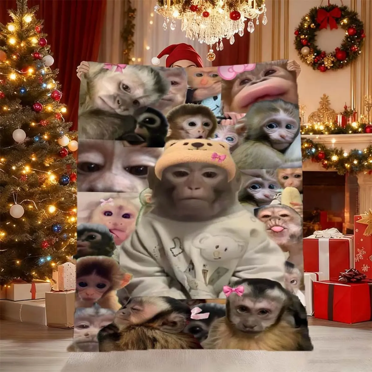 Soft Cozy Monkey Collage Bedspread - Wrinkle-Resistant Flannel Blanket Suitable for Seasons, Cute Monkey Faces Print, Warm Bed for & s, Ideal, Christmas, Decor
