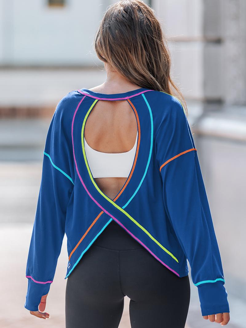 Popvil Cotton Open Back Workout Loose Fit Shirt, Neon Stitching, Soft & Light-weight Activewear, Gym Shirt, Thumb Hole Sports Shirt, Moisture-Wicking Running Shirt