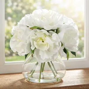 GAOMON White PU & Silk Faux Peony Arrangement - Artificial Peonies in Glass Vase with Faux Water for Home Decor