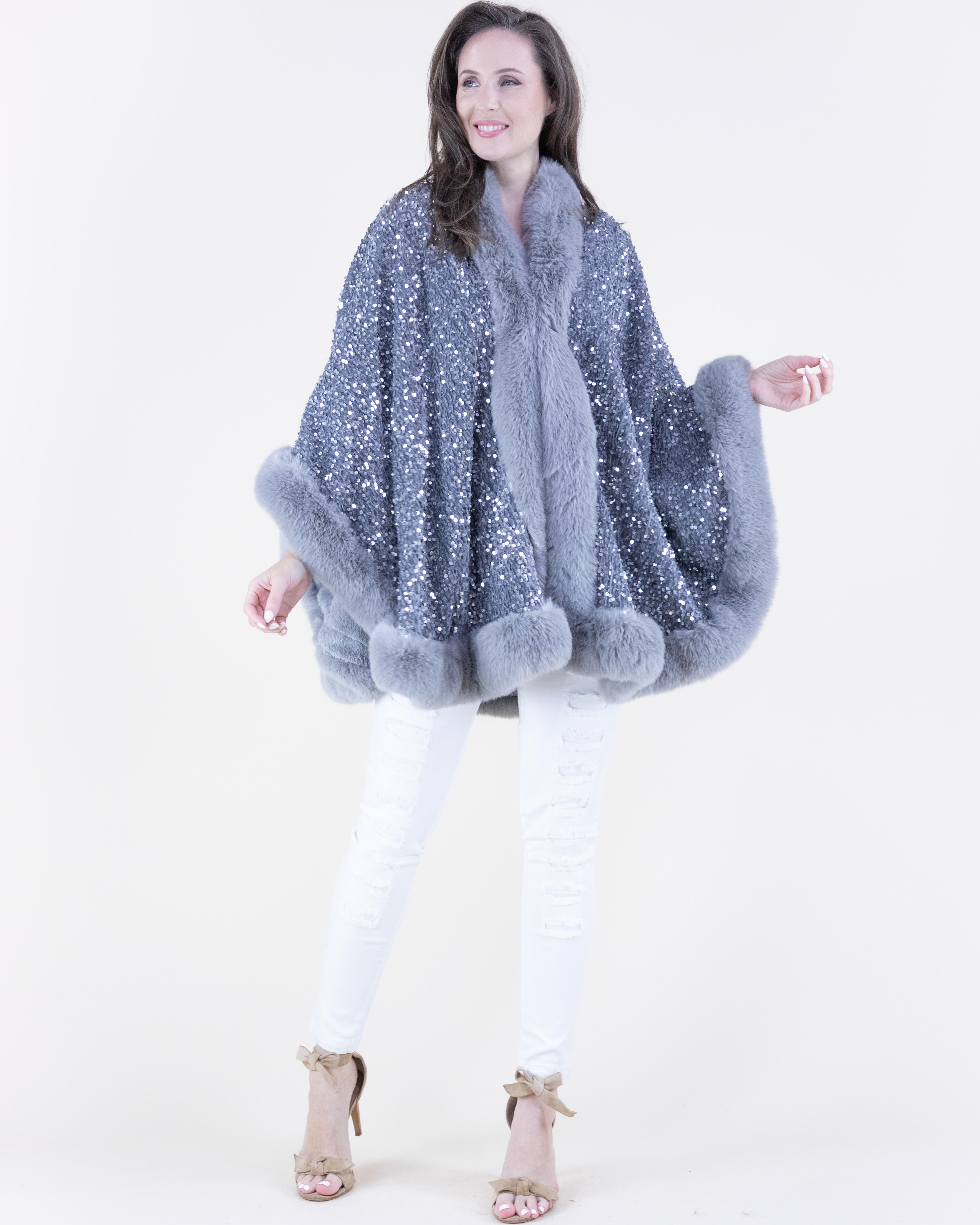 Women's Luxurious Sequin Faux Fur Trimmed Evening Cape Poncho - Elegant Outerwear for Special Occasions Women's Luxurious Sequin Faux Fur Trimmed Evening Cape Poncho - Elegant Outerwear for Special Occasions