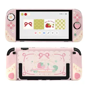 GeekShare Strawberries with Cream Case Compatible with Switch 2, Slim Separable Soft Silicone Protective Shell with 2 Thumb Grip Caps - Pink