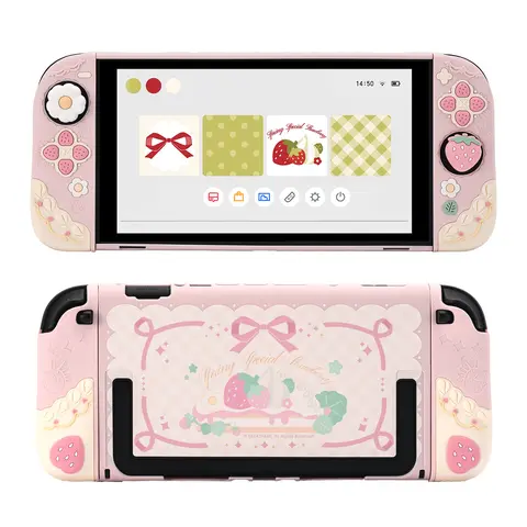 GeekShare Strawberries with Cream Slim Fit Console Cover for Switch 2 Only - Portable Anti-Scratch Soft Silicone Protection Case with Built-In Kickstand, Separable Handheld Accessories, 2 Thumb Grip Caps for Joystick (Game Player Gift)