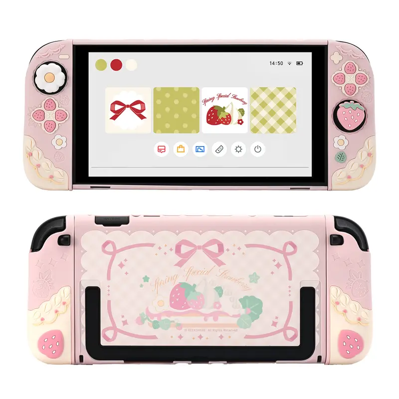 GeekShare Strawberries with Cream Slim Fit Console Cover for Switch 2 Only - Portable Anti-Scratch Soft Silicone Protection Case with Built-In Kickstand, Separable Handheld Accessories, 2 Thumb Grip Caps for Joystick (Game Player Gift)
