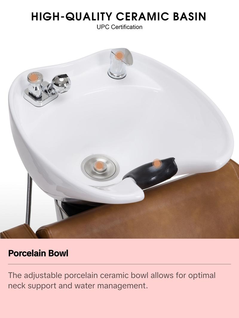 BarberPub Backwash Shampoo Station Chair, Salon Ceramic Hair Wash Bowl 9370