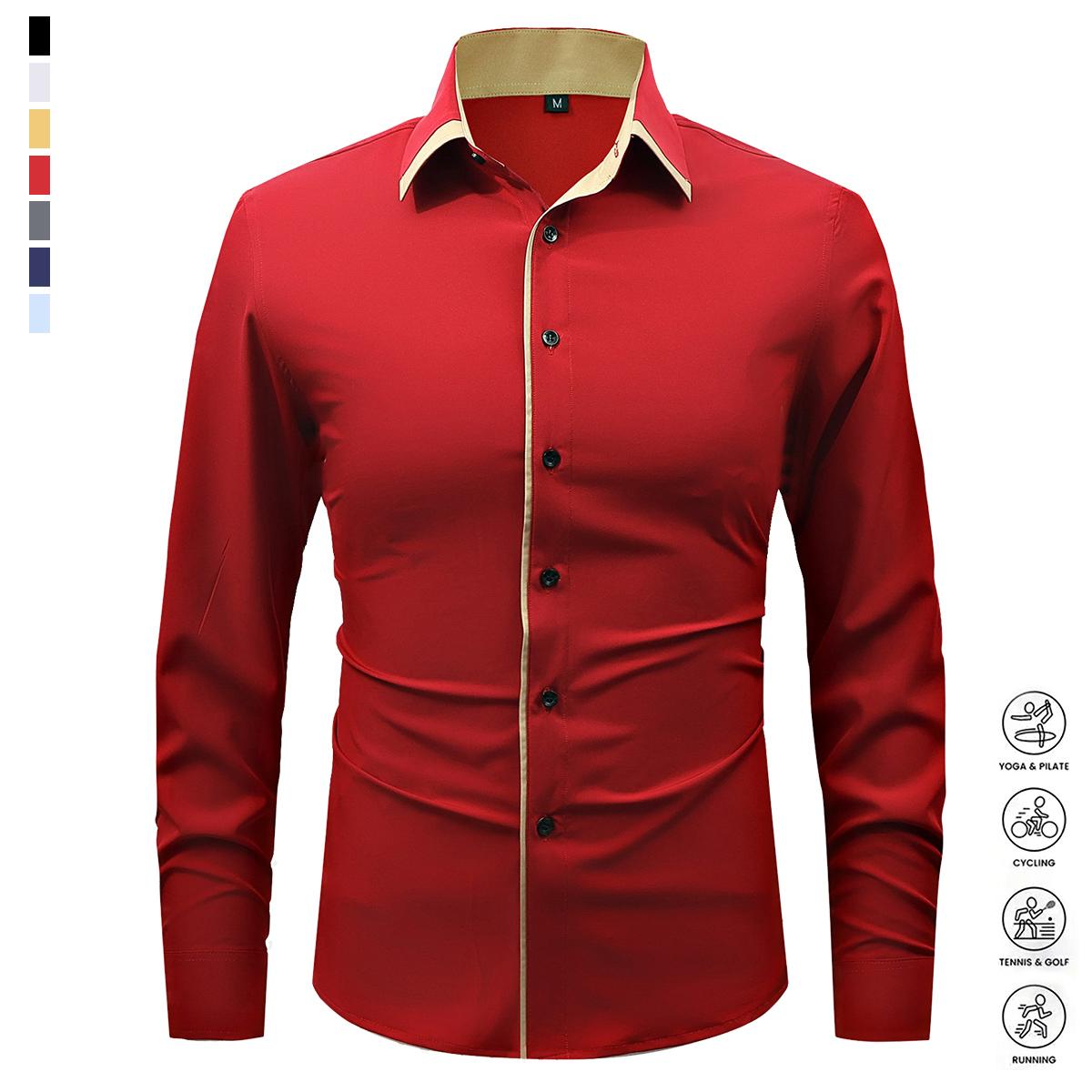 Men's Fashion Spring and Autumn Dress Light Business Long Sleeve Shirt Classic Double-breasted Elastic Contrasting Color Comfortable Breathable Sweat Top Men's Clothing