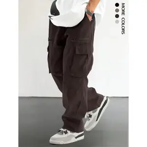 Men's Loose Solid Pocket Drawstring Waist Cargo Pants, Casual Comfy Zipper Cargo Pants for Daily Outdoor Wear, Work Pants Men, Woven Bottoms for All Seasons, Baggy Trousers, Menswear, Baggy Legged Pants, Jogger Cargo Pants