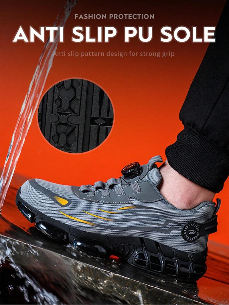 Men's Breathable Mesh Work Sneakers Durable Anti-Slip Safety Shoes with Steel Toe Protection Comfort Fit for All Seasons Casual Striped Design Elastic Closure Non-Slip EVA Sole Black Gray Soft Bottom Fabric Upper TPU Outsole