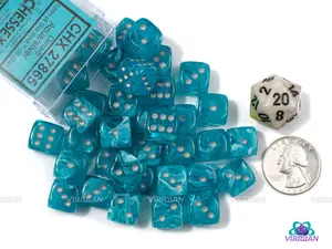 Cirrus Aqua & Silver D6s (12mm, 36) | D6 Block | Chessex Dice (36) | Wargaming