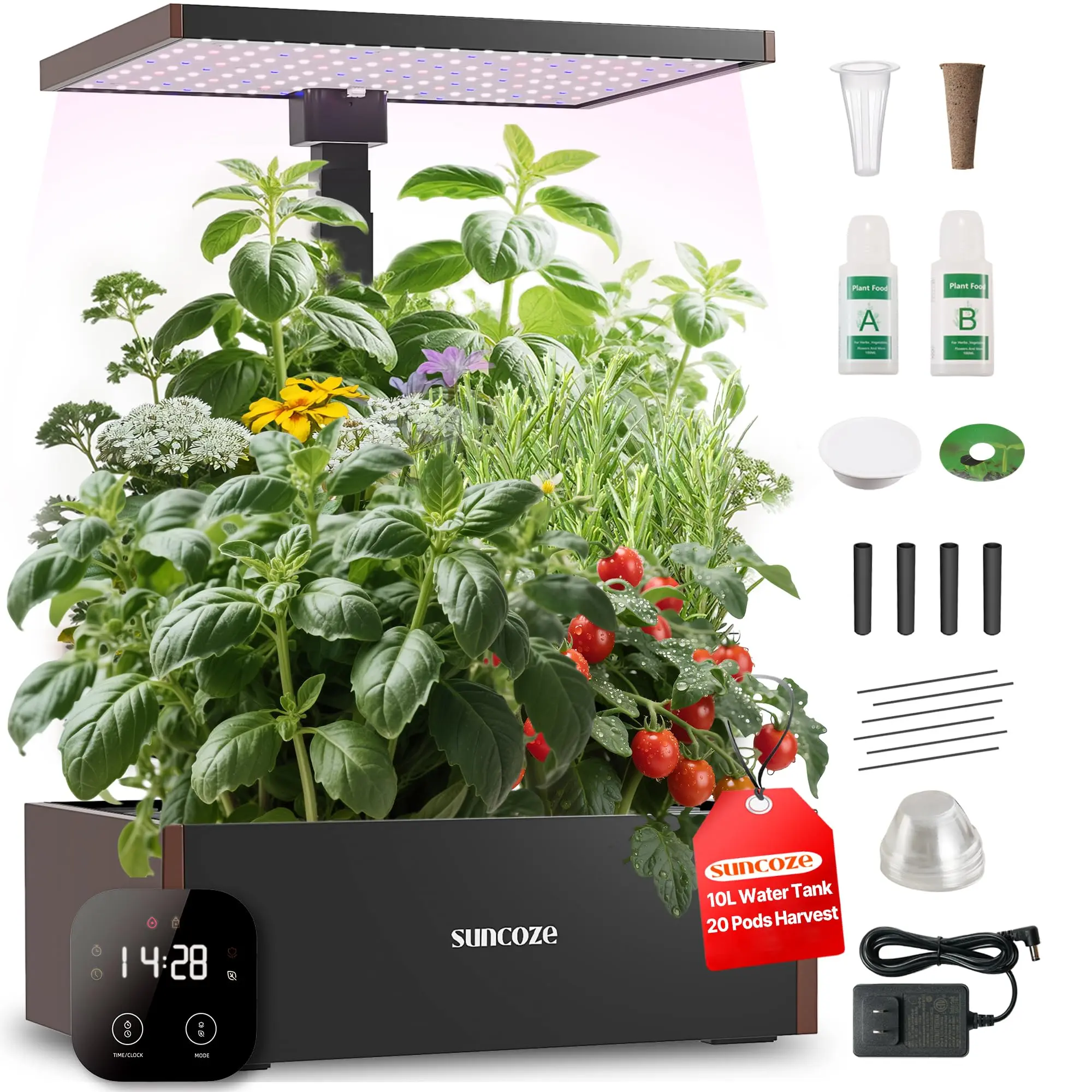 SUNCOZE Hydroponics Growing System Kit 12 Pods/20 Pods, Indoor Herb Garden with Grow Light 20W/24W/30W, 4L/10L Large Water Tank with Adjustable Height, Built-in Pump, Gardening Gifts
