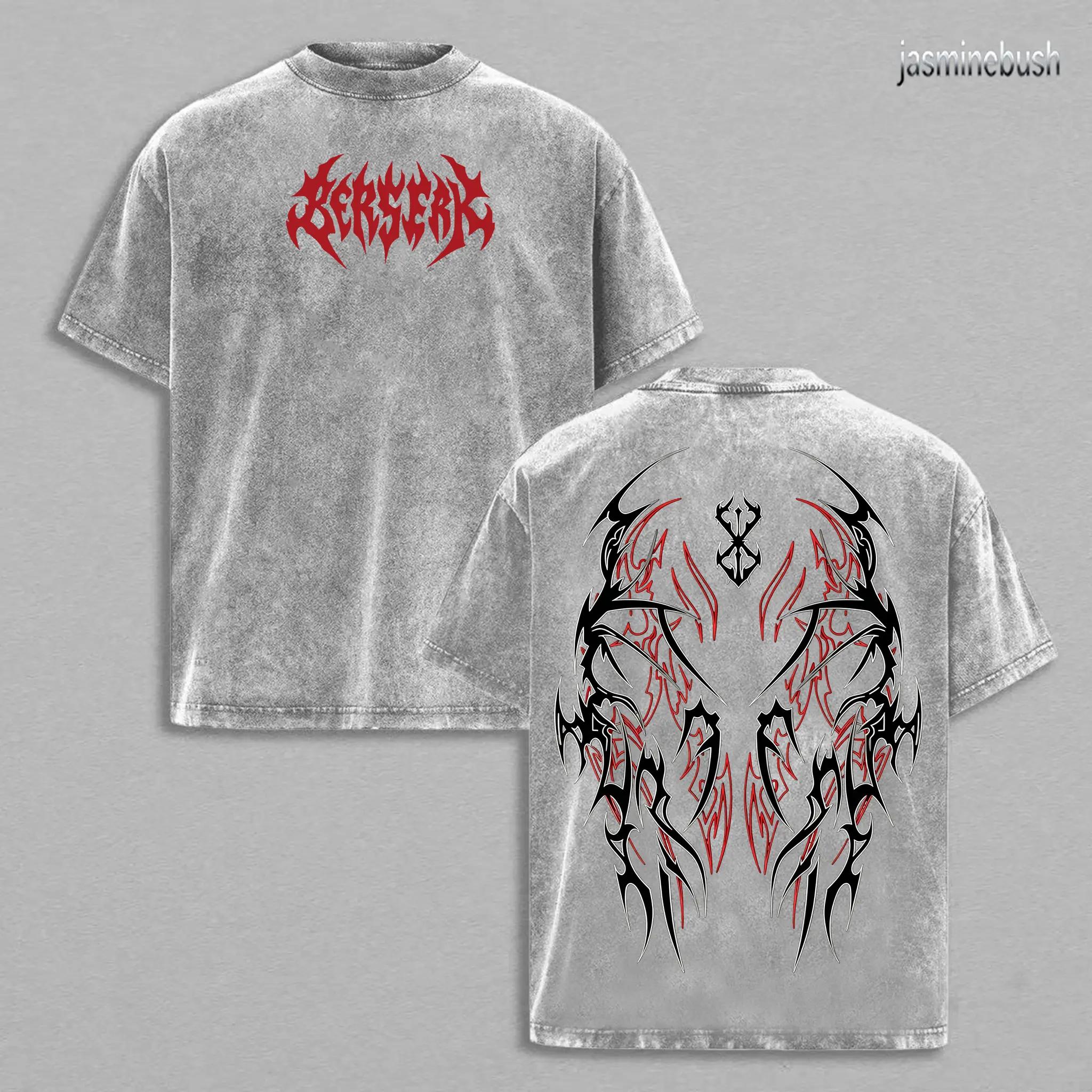 Men's Unisex Retro Berserk Graphic Print Pump Cover Tshirt - Vintage Washed Oversize Tee, Heavy Cotton Loose-Fit Menswear Top, Dark Aesthetic Gym Streetwear, Short-Sleeve, Round Neck, Multi-Size Casual Top