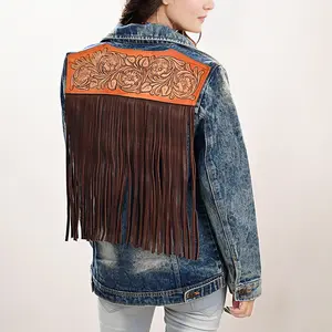 American Darling Genuine leather Hand tooled carved Women 100% cotton Denim jacket dress ladies girl | Shirt for