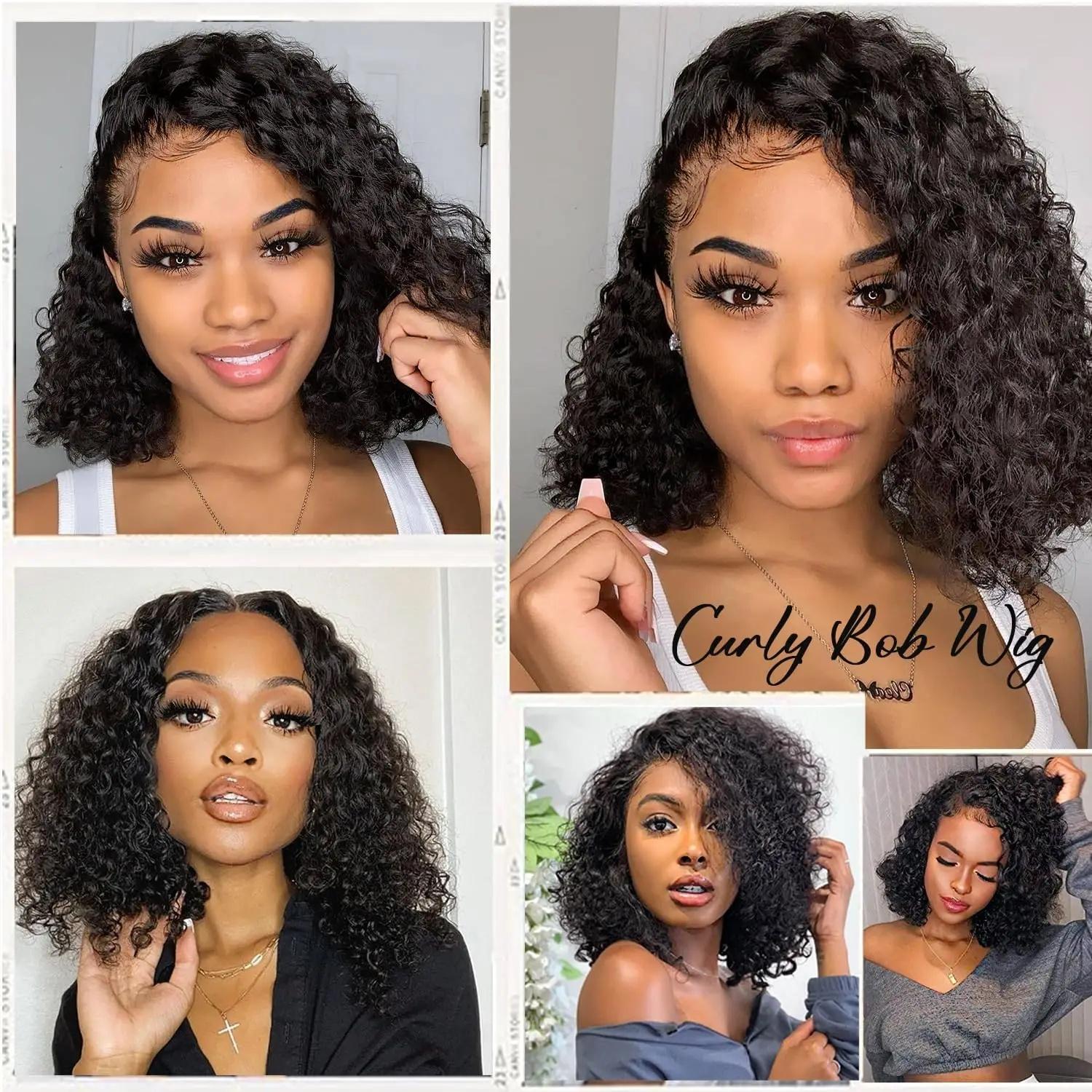 [NEW IN] 16 Inch Short Bob Human Hair 180 Density 13X4 Lace Front Wigs Hair Kinky Curly  Lace Frontal Wigs Deep Curly Wig Women Zigzag Headband Handmade Headband