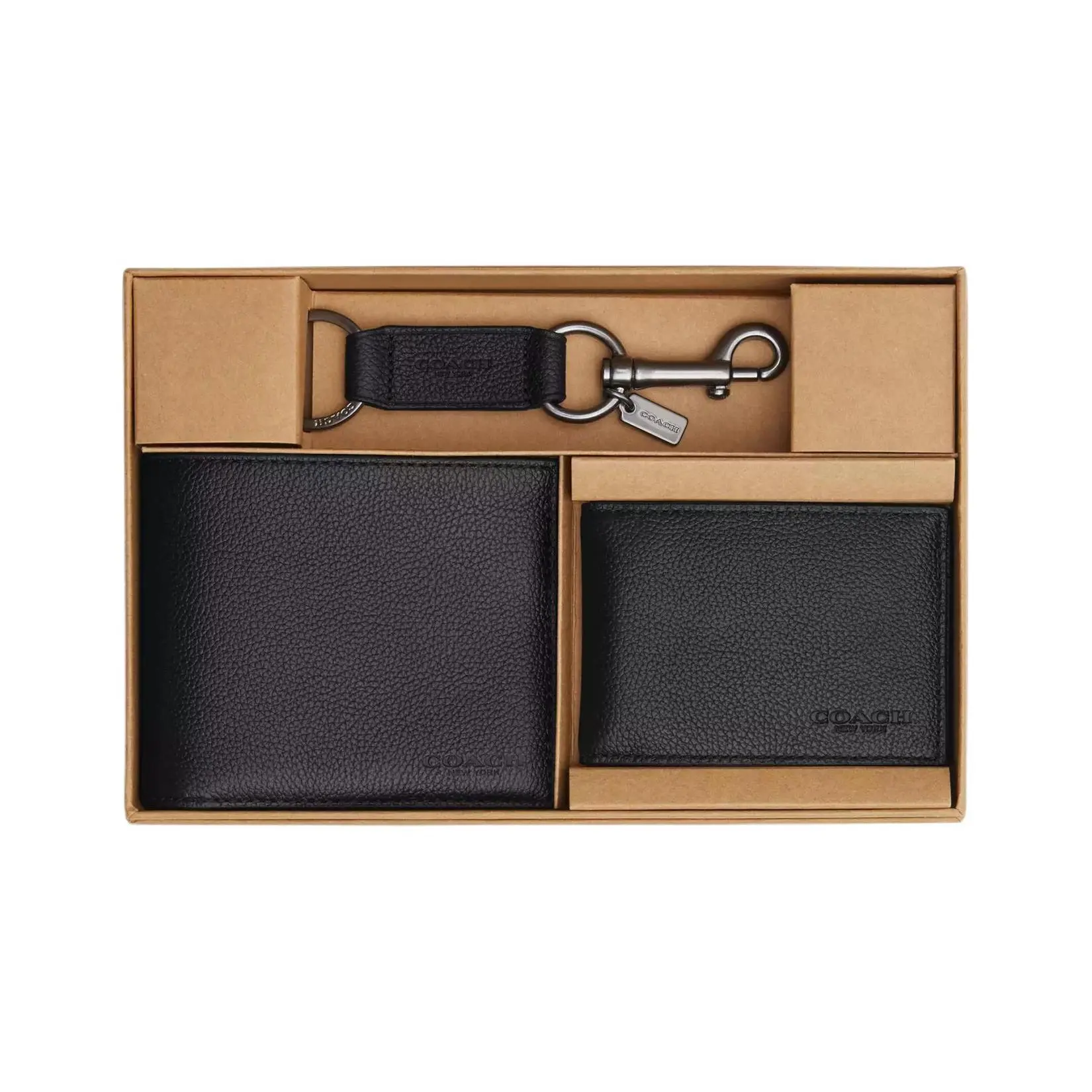 COACH Men's 3-in-1 Logo-Embossed Smooth Calfskin Wallet Set in Black Bill Compartment Card Slots