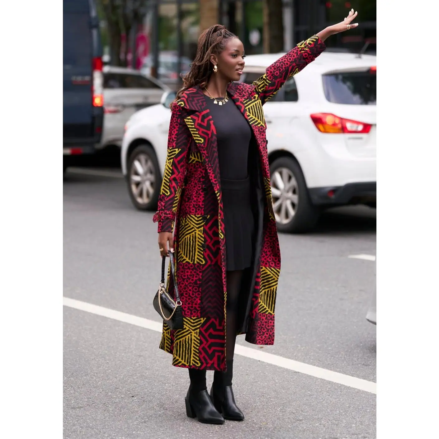 Ebony Women's African Print Utility Trench Coat (Black Cherry Multipattern)