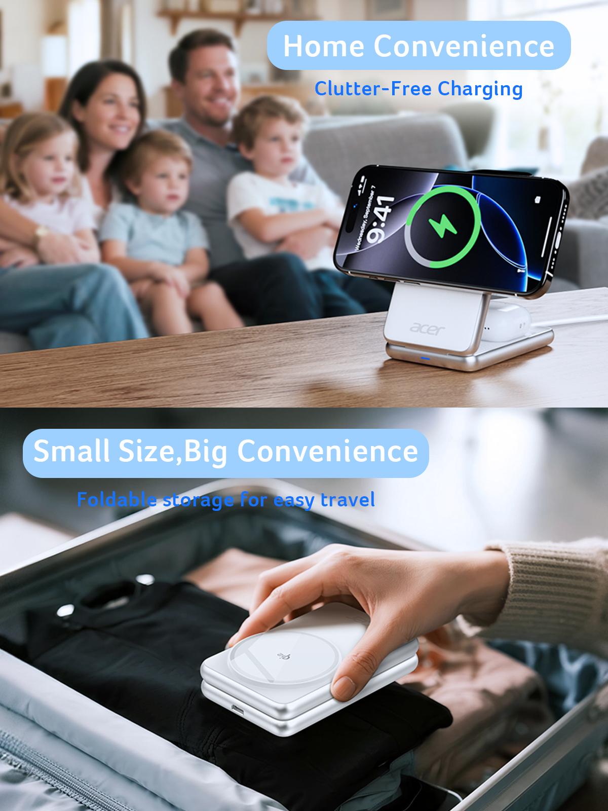 Acer 3 in 1 Wireless Charging Station, MagSafe Charger Stand Compatible, Qi2 15W Certified Palm-Sized Foldable Charger for iPhone 17/16, Apple Watch, AirPods (Non-Battery, Adapter Included)