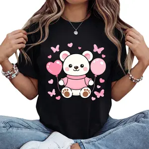 Casual Pink Teddy Bear Tee for a Sweet and Cheerful Look with Heart and Butterfly Print