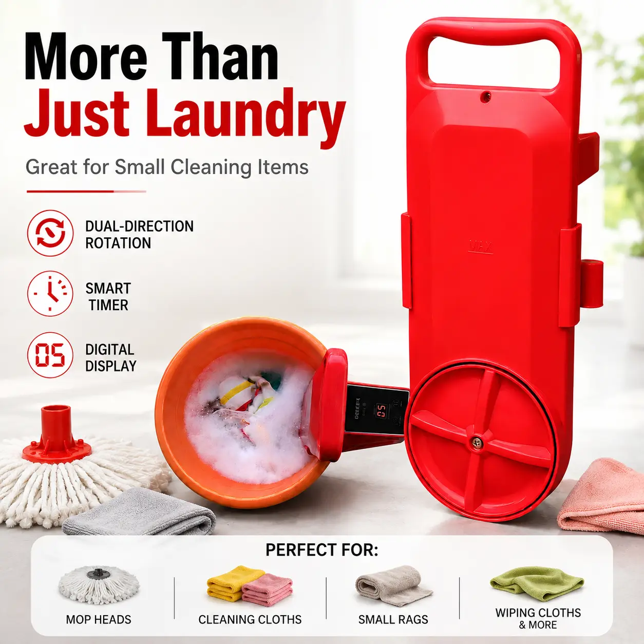 Portable Smart Rotating Compact Washing Machine - 110V Plug, 150W Electric Washer, Digital Timer, Dual-Direction Rotation, 17.4x6.5x6.9" ABS, Rotates Clean for Apartments, Kitchens, Bathrooms, Baby Wear, Mop Heads (Bucket Not Included)