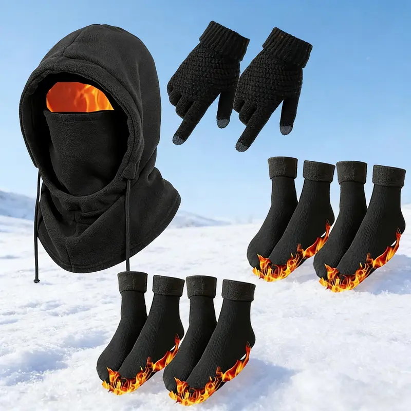 Unisex Adults' 4-Pc Plain Winter Warm Outdoor Wear Set - Windproof Full Face Ski Mask Balaclava, Hooded Jacket, Gloves, Thermal Socks, Biking/Ski Extreme Cold Gear, Hand Washable Ideal Gift Unisex Adults' 4-Pc Plain Winter Warm Outdoor Wear Set - Windproof Full Face Ski Mask Balaclava, Hooded Jacket, Gloves, Thermal Socks, Biking/Ski Extreme Cold Gear, Hand Washable Ideal Gift