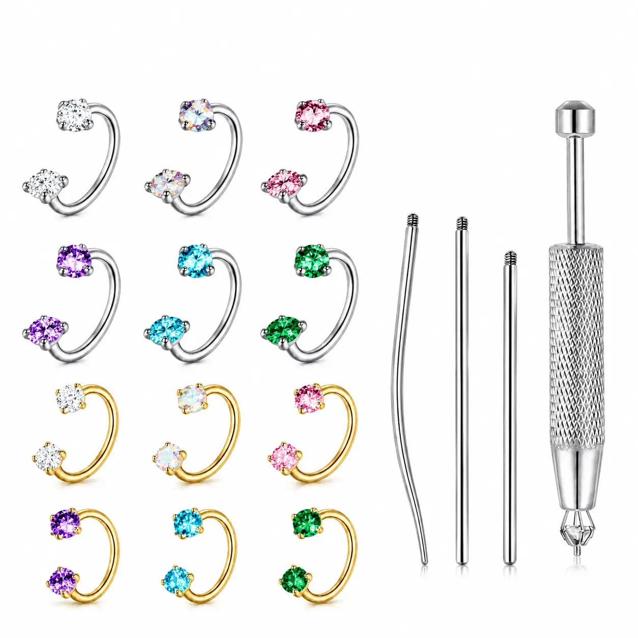 12Pcs Stainless Steel Horseshoe Nose Rings Studs - Unisex Body Jewelry for Nose Piercing, Threaded Labret Lip Daith Helix Tragus Cartilage Earrings, Women's Accessories, Includes Piercing Taper Ball Grabber Tool, Includes Tool