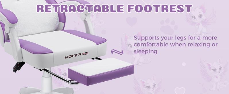 HOFFREE Gaming Chair for Girls with Cat Ears & Massage Support Cute Recliner with Footrest & Adjustable Comfort Purple & White