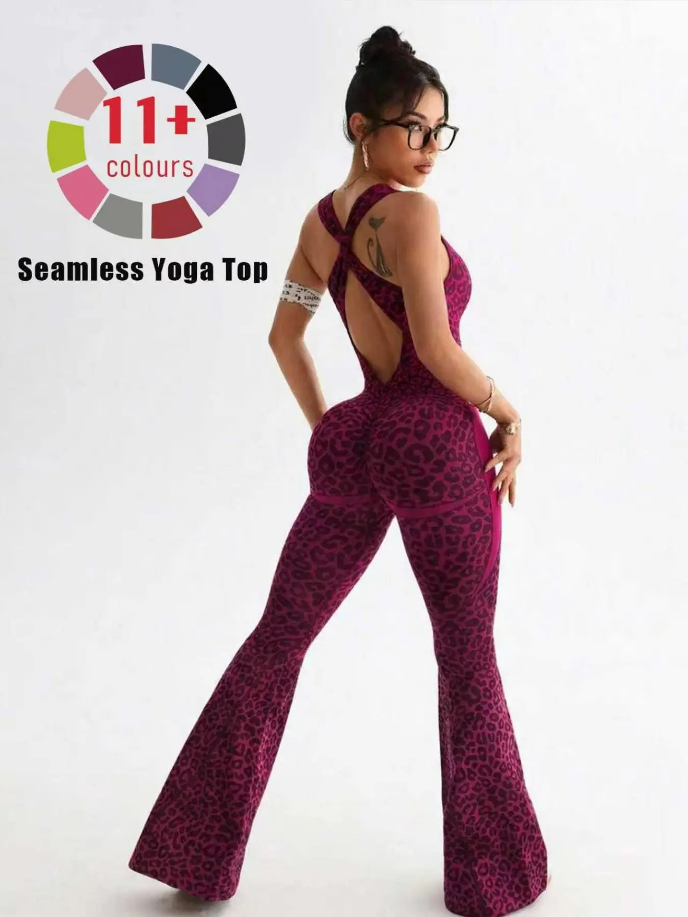 Women's Seamless Sleeveless Jumpsuit, Leopard Print Micro Flare-Leg Jumpsuit, Criss Cross Design, Ideal for Running, Yoga and Outdoor Activities, Stretchy Activewear, Sleeveless Workout Jumpsuit, Sporty Yoga Jumpsuit, Sleeveless Sports Jumpsuit