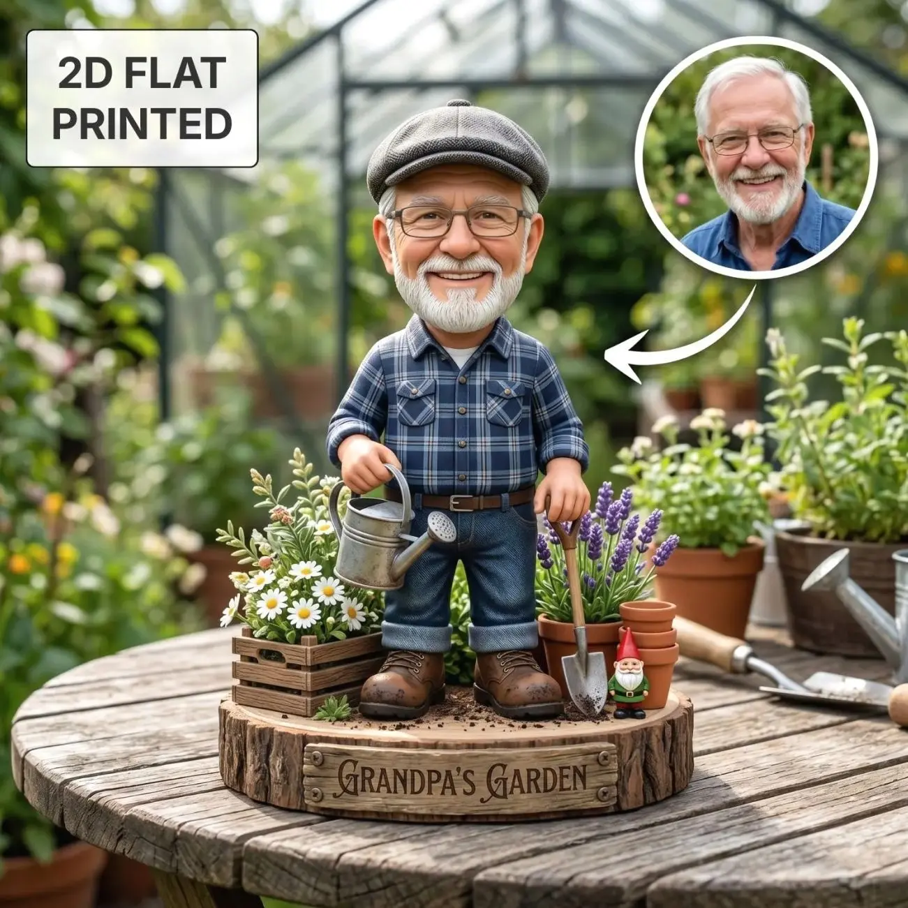 Personalized Grandpa Garden Gnome 2D FLAT Wooden Block, Custom Photo Caricature Plaque Sign, Father's Day Keepsake, Gardening Gift for Him