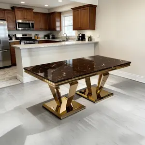67'' Luxury Gold Dining Table for 4-6 Modern Rectangle Kitchen Table with Black Faux Marble Desktop and Golden Stainless Steel Base Mirror Finish Double Pedestal Sturdy Table for Home Dining Room Office Appartment Easy to Assemble and Clean(Only Table)