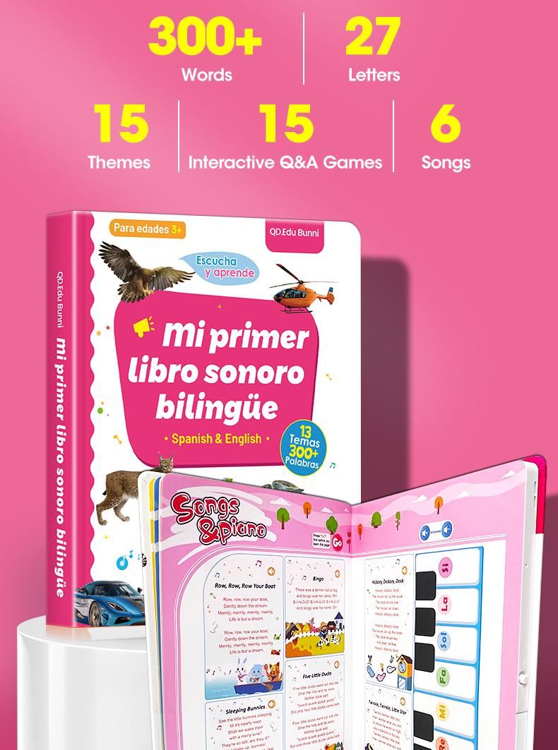 Interactive Talking Sound Picture Book for Kids , Spanish & English Bilingual, 300+ Words15 Themes6 Songs Q&A Learning Games, Screen-Free Preschool Educational Toy for Toddlers, Early Learning at Home & Travel, Valentines Day Gifts for Kids Animals
