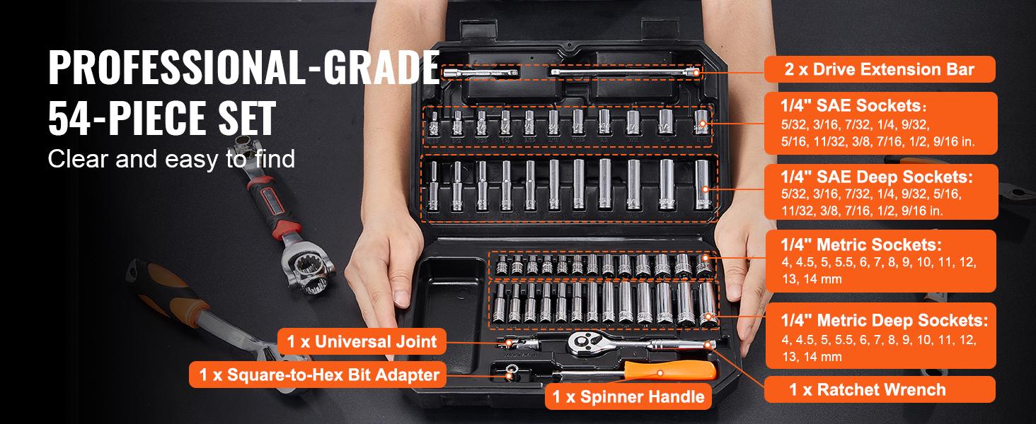 VEVOR Socket Set,  1/4 Inch Drive Socket and Ratchet Set, 6-Point Socket Opening, 54 Pieces Tool Set SAE and Metric, Deep and Standard Sockets, 5/32-9/16 in, 4-14 mm, with Accessories, Storage Case