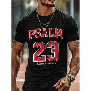 Unisex Crew Neck Tee  Men's Psalm 91 Graphic T-Shirt - 100% Cotton Crew Neck Short Sleeve Tee with Bold Red Lettering & Geometric Design