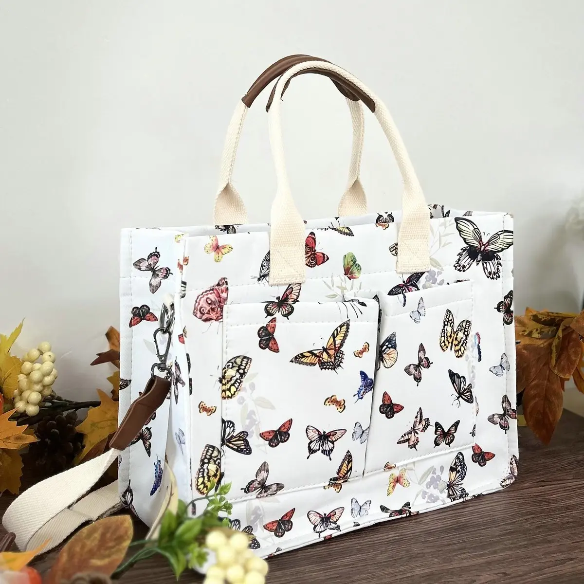 Butterfly Print Tote Bag with Multi-Pockets for Laptop & Knitting Supplies College Women Shoulder Bag for Daily Work Travel everything bag