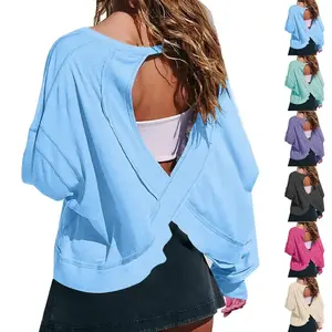Women's Solid Backless Sports Tee, Casual Long Sleeve T-shirt for Yoga Gym Workout, Ladies Sportswear for All Seasons#Women's Loose Long Sleeve Backless Top T-Shirt