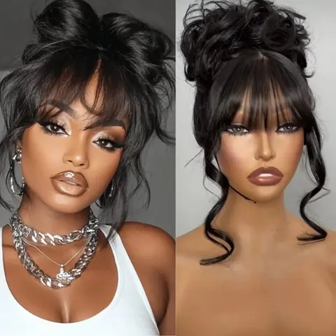 Women's 360 Invisi-Strap Lace Frontal Human Hair Front Wavy Wig - Glueless, Layered Cut Body Wave with Bangs, Fuller Bounce, 18"-23.5" Circumference, High-Quality Natural Elegant Look, Everyday Wear, Sohochic
