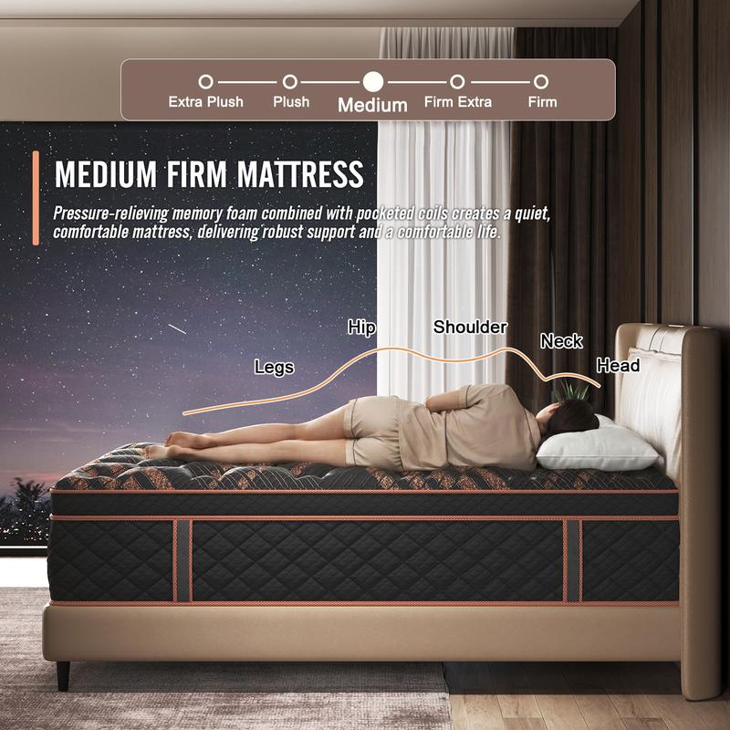 12/14Inch Mattress Twin Full Queen King Bed Size Memory Foam - Ergonomic Design Medium Firm Hybrid Mattress, Luxurious Comfort With Pocket Springs Gel Memory Foam