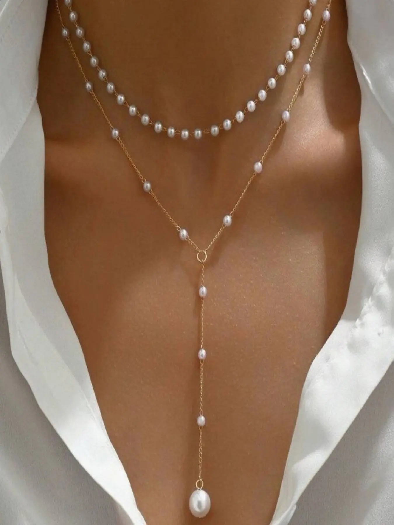 Double Layered Pearl Lariat Necklace for Women, 14K Gold Plated Y-Shaped Dainty Drop Necklace, Hypoallergenic Simulated Pearl Chain, Elegant Layered Necklaces for Bridal Wedding Daily Wear Jewelry Gift Wife Necklace