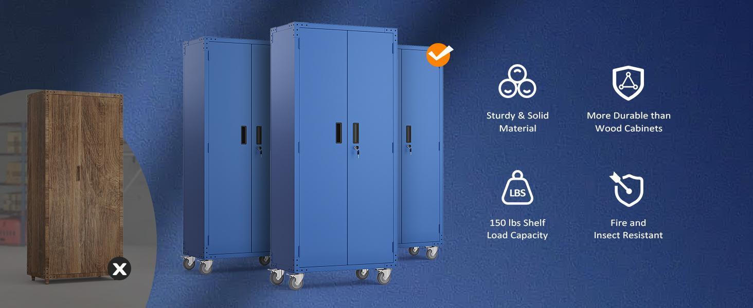 VINGLI 72'' Tall Metal Garage Storage Cabinet with Pegboards, Wheels, Locking Doors and Adjustable Shelves, File Cabinet/Tool Cabinet for Home Office/School (Blue, 32W x 16D x 72H)