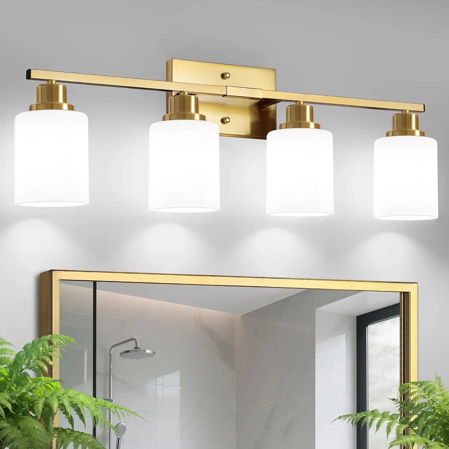 Bathroom Light Fixtures, 4-Light Vanity Light Over Mirror, Gold Wall Sconces with Milky White Frosted Glass Shades, Wall Lamp for Living Room Bedroom, E26 Base(Bulbs Not Included)