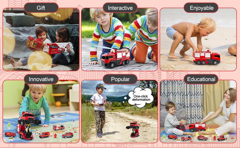 Remote Control Fire Truck with LED Sounds, RC Car Toy with 3pcs Small Firetrucks and 10pcs Roadblock Models, One Button Press Spraying Water Transformer Fire Truck for Kids Toddlers Boys