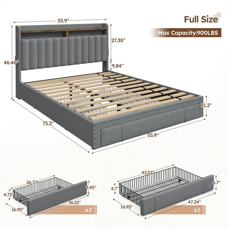 King Size Bed Frame with Storage & Headboard, Upholstered Queen or Full Size Divan Beds with Drawers & Shelves, Luxury Bed Frames- Modern Luxury Home Interior Furniture